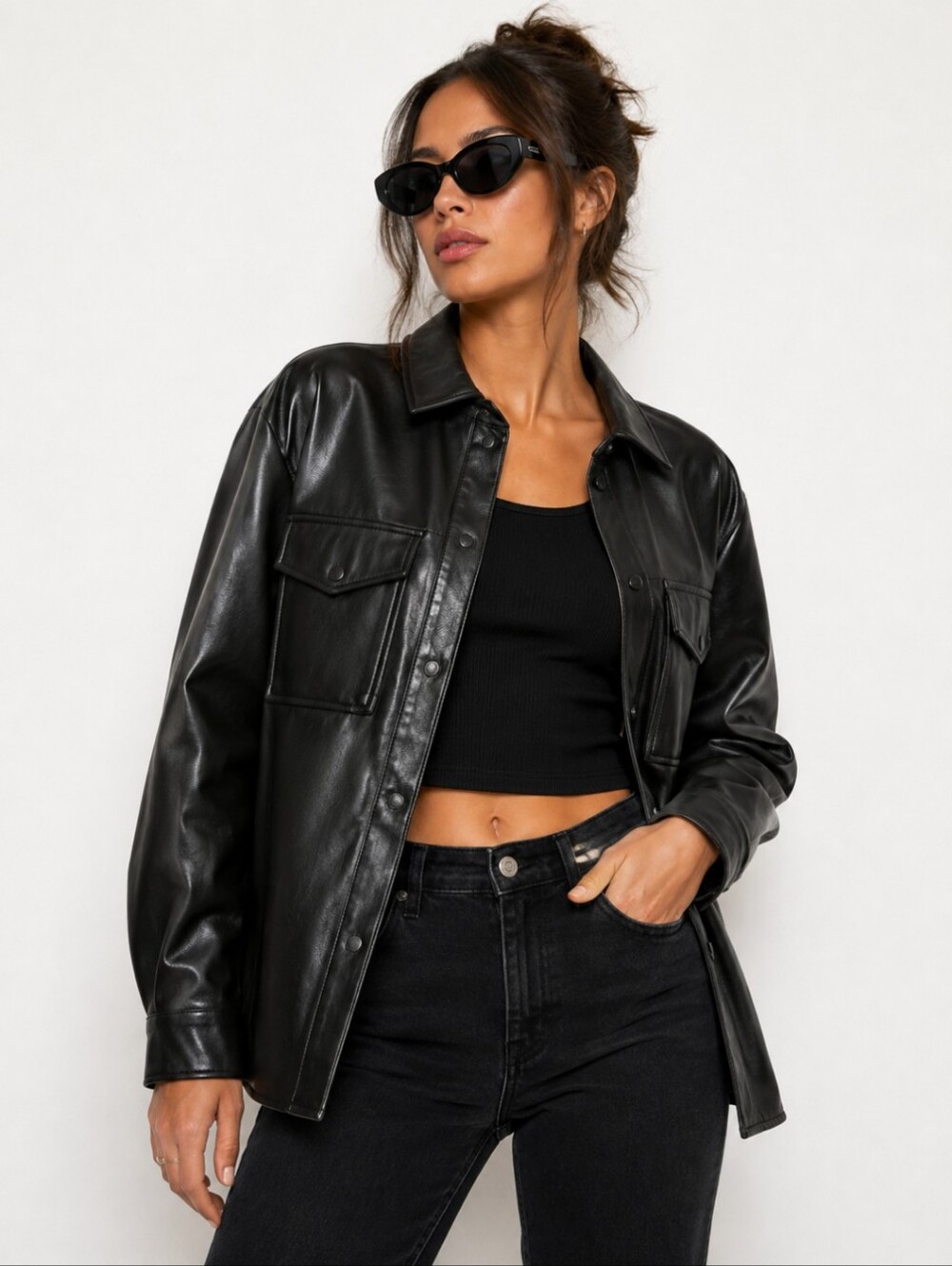 The Drop Black Vegan Leather Jacket/ Shirt  Minimalis Capsule Wardrobe Long Sz S